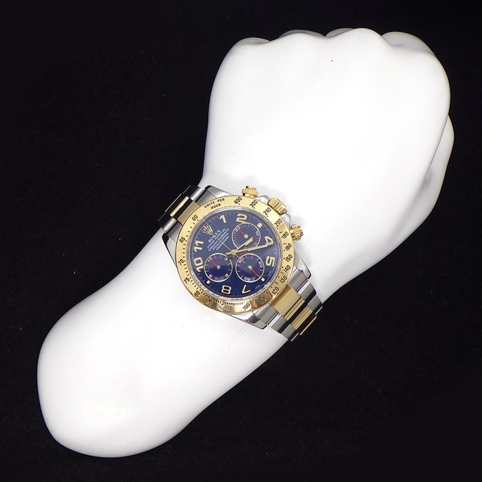 ロレックス Rolex 腕時計 コスモグラフ デイトナ 40mm 116523 G番 2010年 ルーレット刻印 クロノグラフ タキメーター スモールセコンド 裏スケ 夜光インデックス 夜光針 ネイビー文字盤 K18YG SS 自動巻き 【箱・保付き】 【中古】