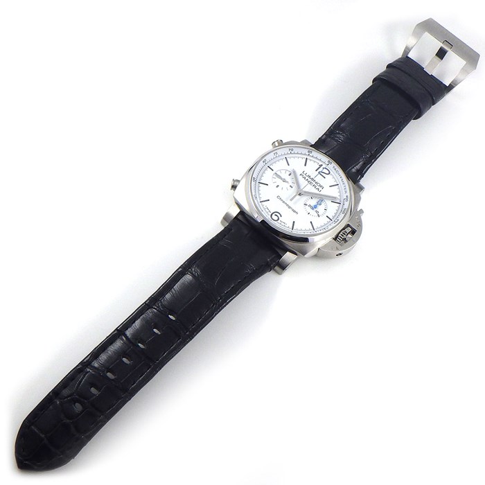 パネライ PANERAI 腕時計 ルミノール クロノ PAM01218 クロノグラフ スモールセコンド タキメーター 夜光針 ホワイト 文字盤 ブラック アリゲーターレザーベルト SS 自動巻き 【箱・保付き】 【中古】