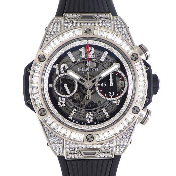 【ウブロ Hublot】腕時計 ビックバン ウニコ チタニウム 411.NX.1170.RX.0904 全面 バケットカット ダイヤベゼル ダイヤケース カレンダー クロノグラフ 裏スケ チタン ブラック 黒 ラバー 自動巻き 【箱・保付き】 