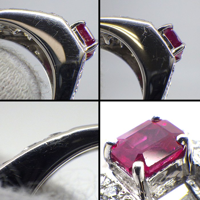 【ルビー ダイヤモンド】 リング 1ポイント エメラルドカット ルビー 0.61ct ハーフサークル ダイヤモンド 0.65ct PT900 10号 【中古】