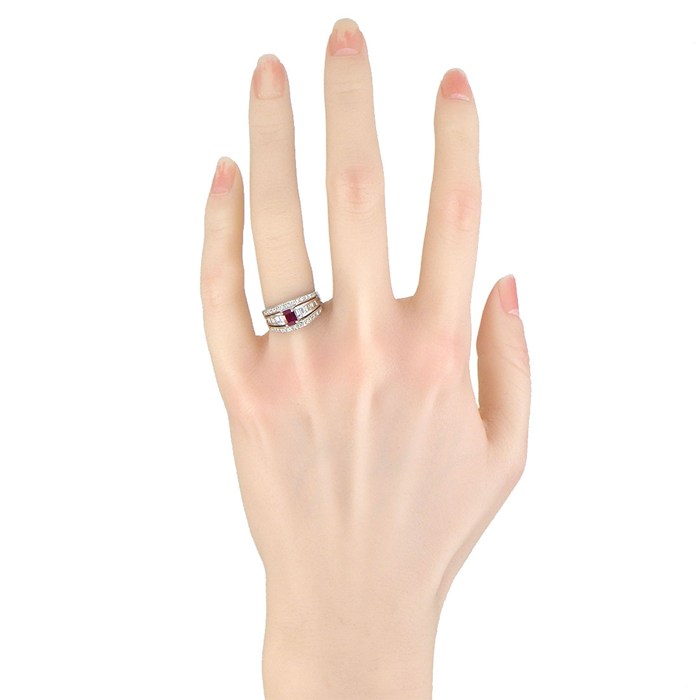 【ルビー ダイヤモンド】 リング 1ポイント エメラルドカット ルビー 0.61ct ハーフサークル ダイヤモンド 0.65ct PT900 10号 【中古】