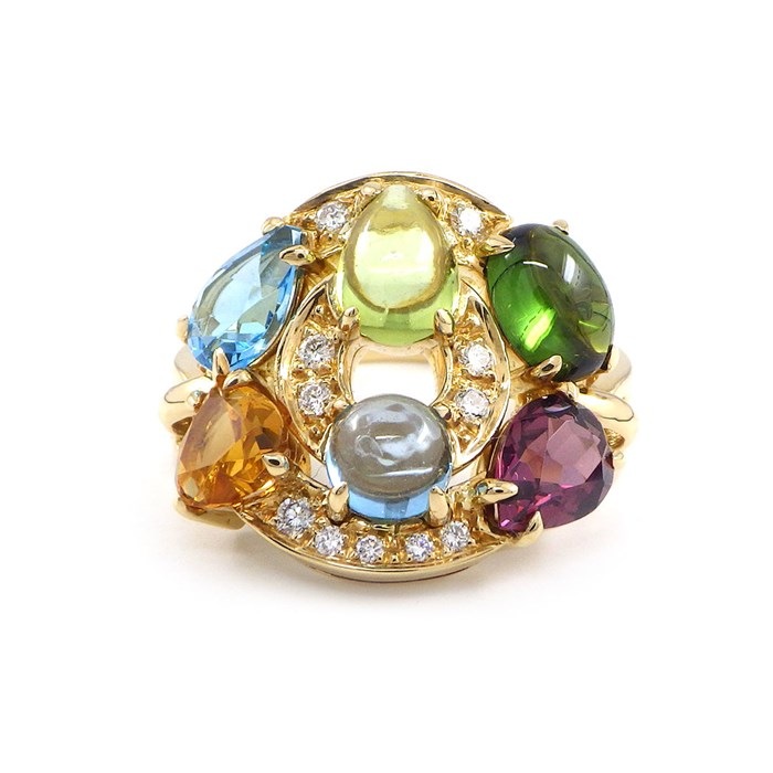 【ブルガリ BVLGARI】リング アストラーレ シールドデザイン マルチカラー カボション ペアシェイプ ブルー トパーズ シトリン グリーン トルマリン ペリドット ロードライトガーネット ダイヤモンド K18YG 13号 