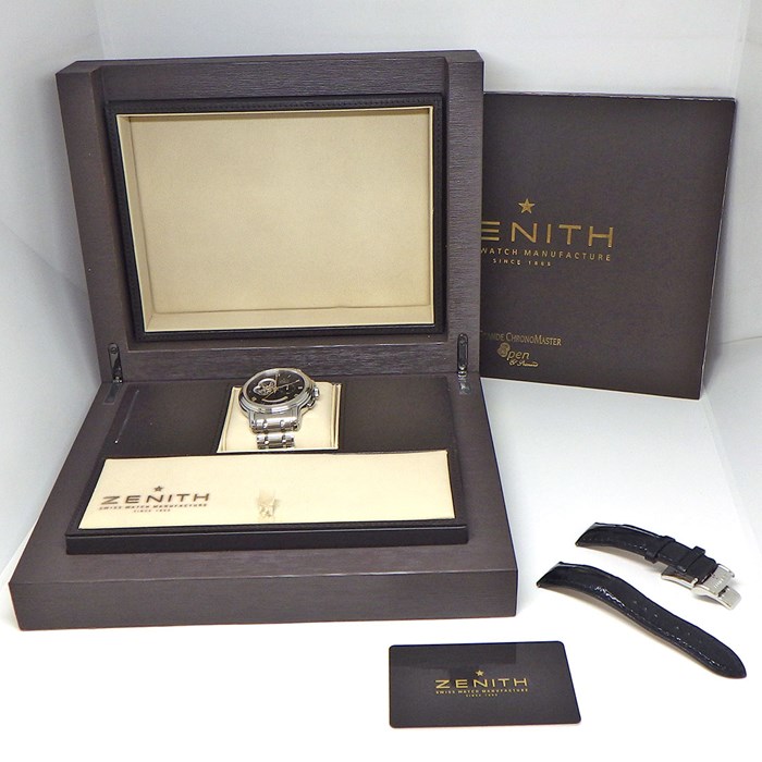 ゼニス ZENITH 腕時計 エル プリメロ クロノマスター XXT オープン 03.1260.4021/21.C505 クロノグラフ スモールセコンド 裏スケ パワーリザーブ表示 ブラック/スケルトン文字盤 SS クロコダイルレザー 自動巻き 【箱・保付き】 【中古】