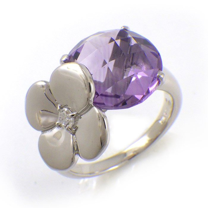4℃ リング フラワーモチーフ アメジスト 1ポイント ダイヤモンド K18WG 12号 【中古】