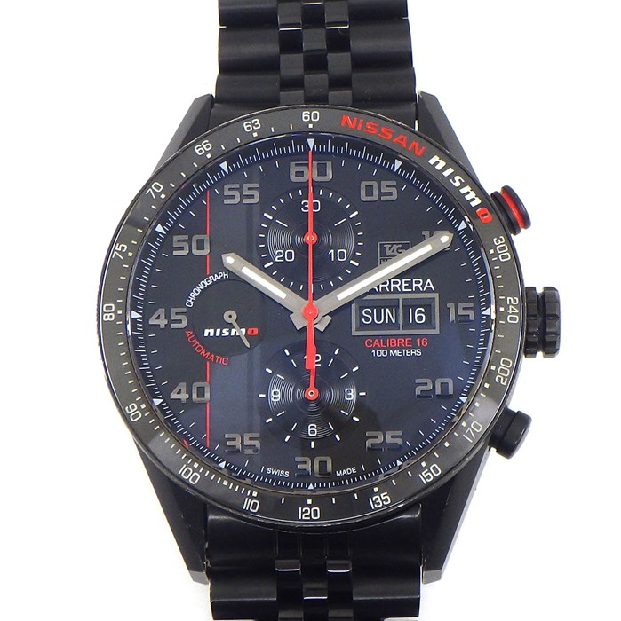 タグ・ホイヤー TAG Heuer 腕時計 カレラ キャリバー16 日産ニスモ限定 CV2A82.FC6237 デイデイト カレンダー クロノグラフ 裏スケ グレー/レッドライン ブラック文字盤 黒 チタン セラミック SS 自動巻き 【箱・保付き】 【中古】