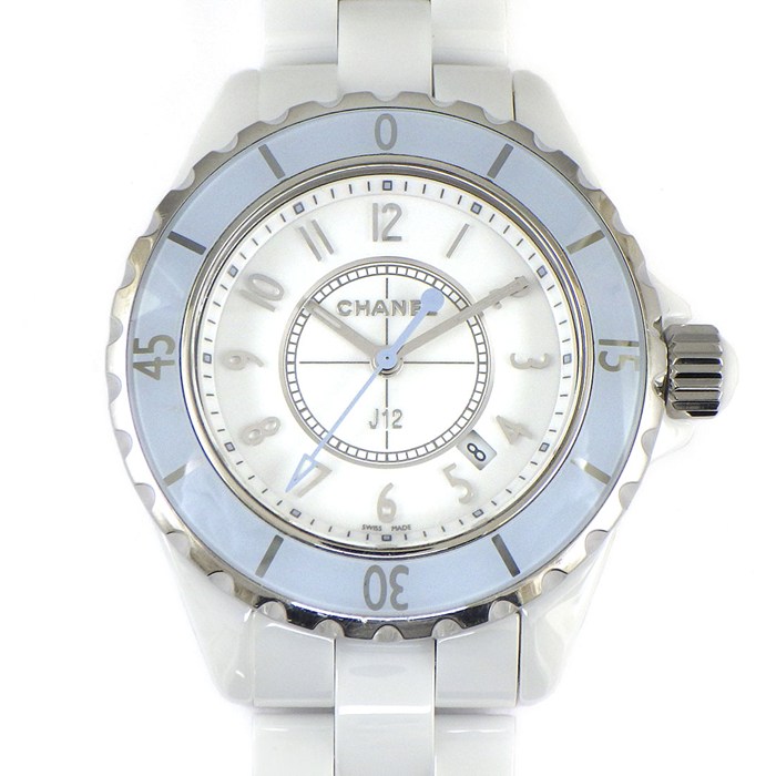 シャネル CHANEL 腕時計 J12 H4340 ソフトブルー 世界1200本限定モデル デイト 回転ベゼル 夜光インデックス 夜光針 ホワイト文字盤 SS セラミック クオーツアナログ 【中古】