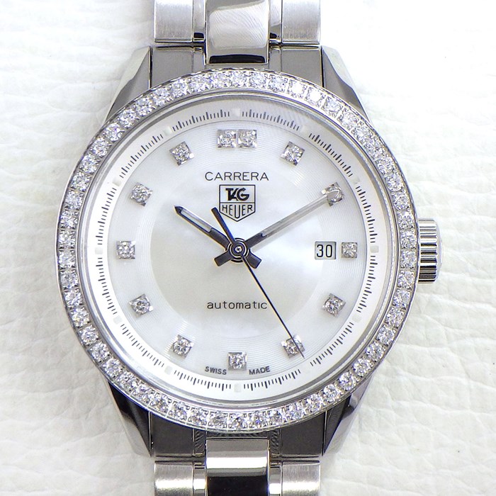 【タグ・ホイヤー TAG Heuer】腕時計 カレラ レディ WV2413.BA0793 ダイヤベゼル 13ポイント ダイヤインデックス カレンダー 裏スケ ホワイトシェル 白 文字盤 SS 自動巻き 