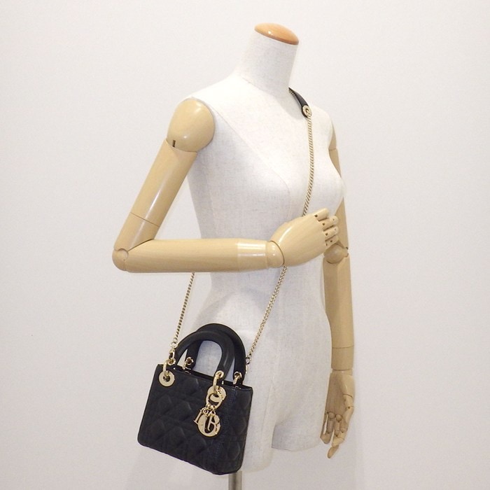 ディオール Dior ハンドバッグ レディディオール ミニ M0505ONGE_M900 ブラック カナージュ ラムスキン ゴールド金具 【中古】