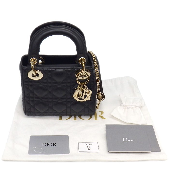 ディオール Dior ハンドバッグ レディディオール ミニ M0505ONGE_M900 ブラック カナージュ ラムスキン ゴールド金具 【中古】