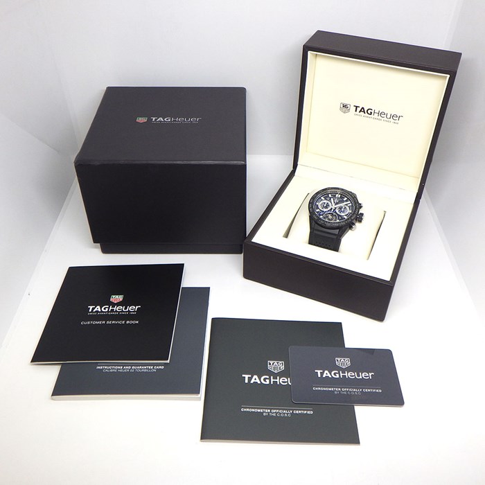 タグ・ホイヤー TAG Heuer 腕時計 カレラ キャリバー ホイヤー02 トゥールビヨン CAR5A8W.FT6071 スケルトン文字盤 パンチングベルト クロノグラフ タキメーター スモールセコンド 裏スケ カーボン ブラック ラバー 黒 自動巻き 【箱・保付き】 【中古】