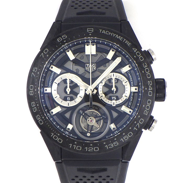 タグ・ホイヤー TAG Heuer 腕時計 カレラ キャリバー ホイヤー02 トゥールビヨン CAR5A8W.FT6071 スケルトン文字盤 パンチングベルト クロノグラフ タキメーター スモールセコンド 裏スケ カーボン ブラック ラバー 黒 自動巻き 【箱・保付き】 【中古】