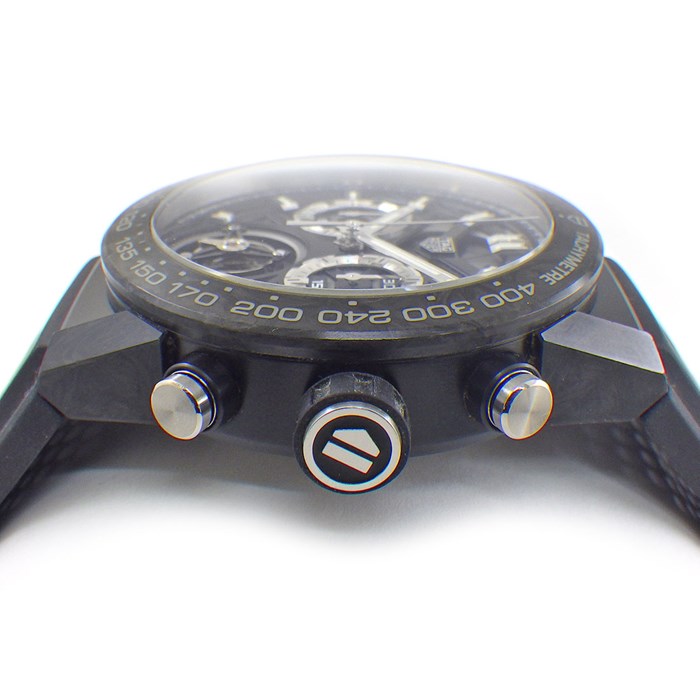 タグ・ホイヤー TAG Heuer 腕時計 カレラ キャリバー ホイヤー02 トゥールビヨン CAR5A8W.FT6071 スケルトン文字盤 パンチングベルト クロノグラフ タキメーター スモールセコンド 裏スケ カーボン ブラック ラバー 黒 自動巻き 【箱・保付き】 【中古】