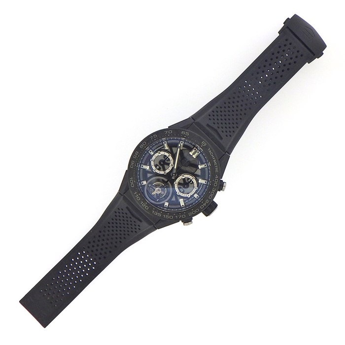 タグ・ホイヤー TAG Heuer 腕時計 カレラ キャリバー ホイヤー02 トゥールビヨン CAR5A8W.FT6071 スケルトン文字盤 パンチングベルト クロノグラフ タキメーター スモールセコンド 裏スケ カーボン ブラック ラバー 黒 自動巻き 【箱・保付き】 【中古】