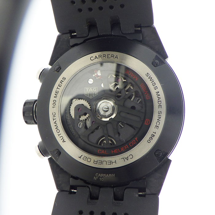 タグ・ホイヤー TAG Heuer 腕時計 カレラ キャリバー ホイヤー02 トゥールビヨン CAR5A8W.FT6071 スケルトン文字盤 パンチングベルト クロノグラフ タキメーター スモールセコンド 裏スケ カーボン ブラック ラバー 黒 自動巻き 【箱・保付き】 【中古】