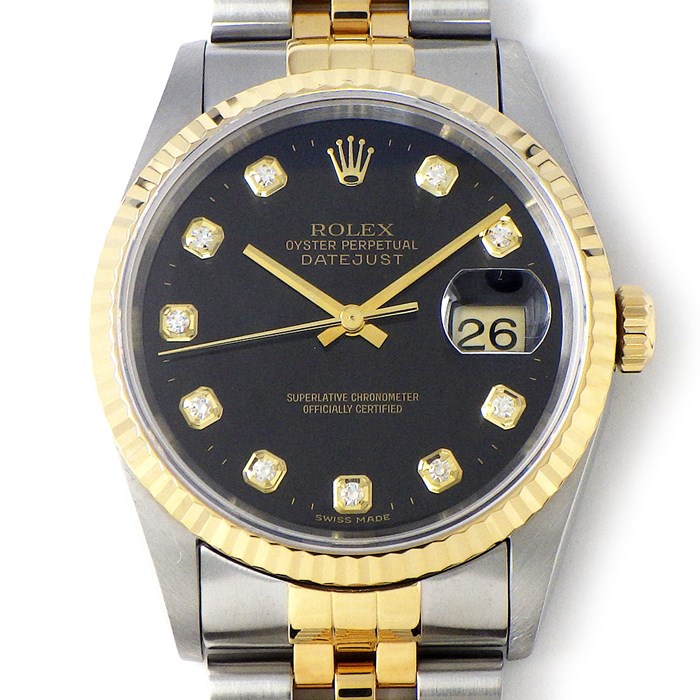 ロレックス Rolex 腕時計 デイトジャスト 16233G T番 10ポイント ダイヤインデックス デイト ブラック 文字盤 K18YG SS 自動巻き 【中古】