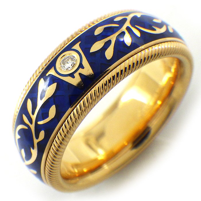 ウェレンドルフ Wellendorff リング ハイビスカス リーフ メッシュ 回転 スライド 1ポイント ダイヤモンド 0.017ct ブルー エマイユ エナメル K18YG 10号 【中古】