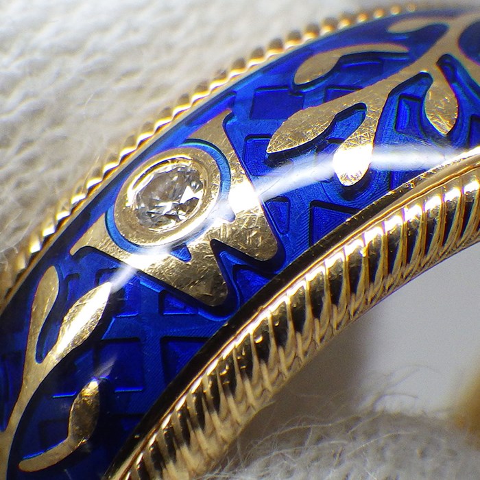 ウェレンドルフ Wellendorff リング ハイビスカス リーフ メッシュ 回転 スライド 1ポイント ダイヤモンド 0.017ct ブルー エマイユ エナメル K18YG 10号 【中古】