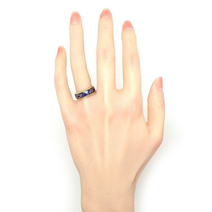 ウェレンドルフ Wellendorff リング ハイビスカス リーフ メッシュ 回転 スライド 1ポイント ダイヤモンド 0.017ct ブルー エマイユ エナメル K18YG 10号 【中古】