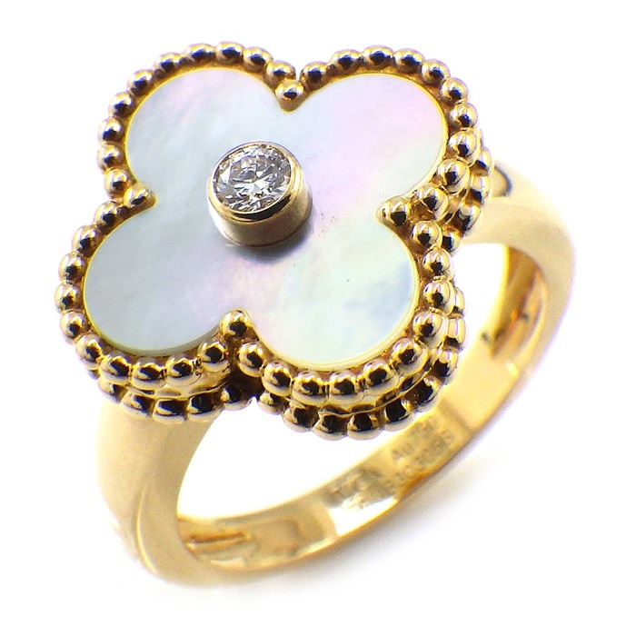 ヴァンクリーフ&アーペル Van Cleef & Arpels リング ヴィンテージアルハンブラ マザーオブパール VCARA41100 ホワイト シェル 1ポイント ダイヤモンド 0.06ct K18YG 白 10号 / #50 【中古】
