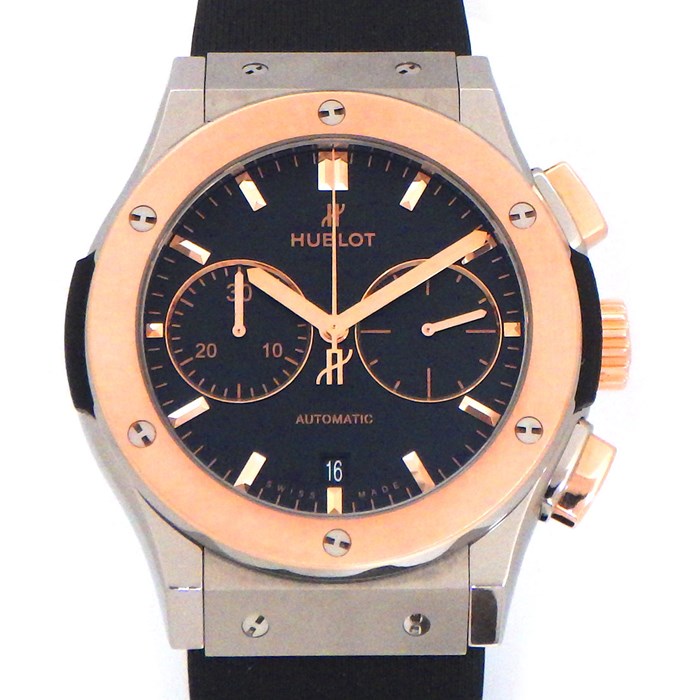 【ウブロ Hublot】腕時計 クラシック フュージョン 521.NO.1181.RX カレンダー デイト クロノグラフ スモールセコンド マット ブラック 文字盤 黒 K18PG SS チタン ラバー ベルト 自動巻き 【箱・保付き】