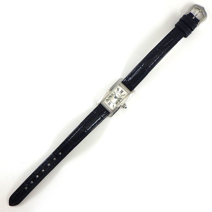 カルティエ Cartier 腕時計 タンク アメリカン ミニ WSTA0032 日本限定モデル ローマ数字インデックス サンレイ シルバー レクタンギュラー文字盤 SS ネイビーブルー アリゲーター レザーベルト クオーツアナログ 【箱・保付き】 【中古】 カルティエ Cartier 腕時計 タンク アメリカン ミニ WSTA0032 日本限定