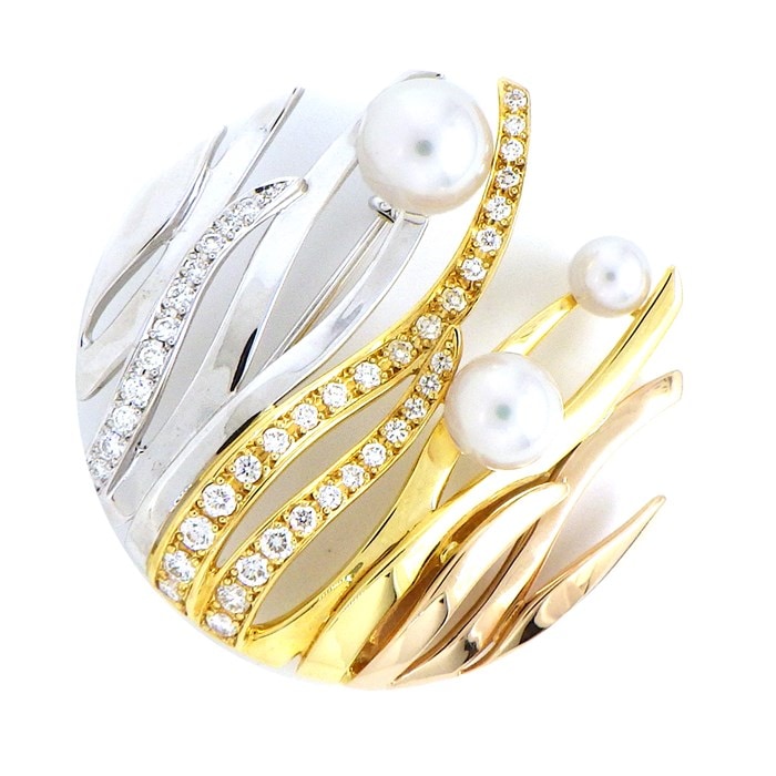 【ミキモト MIKIMOTO】ブローチ リーフ 3カラー 3ポイント パール 4.6-7.2mm珠 ダイヤモンド K18PG K18WG K18YG 
