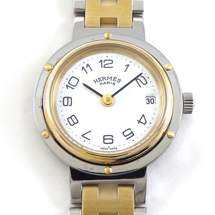 エルメス HERMES 腕時計 クリッパー デイト ホワイト文字盤 Hリンク 旧型ブレス SS GP クオーツアナログ 【中古】