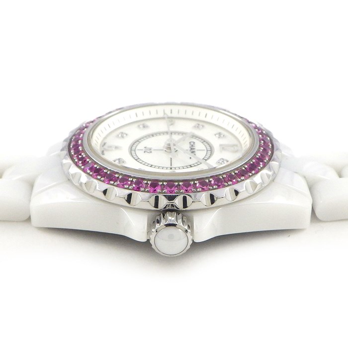 シャネル CHANEL 腕時計 J12 H3243 ピンクサファイア ベゼル 8ポイント ダイヤモンド インデックス ホワイトシェル 文字盤 ホワイト セラミック SS クオーツアナログ 【中古】