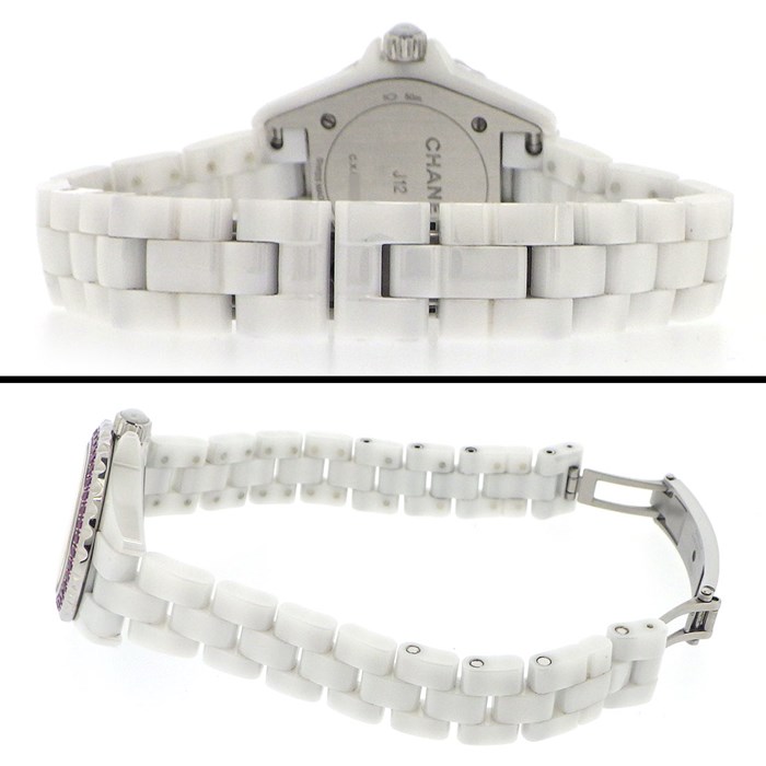 シャネル CHANEL 腕時計 J12 H3243 ピンクサファイア ベゼル 8ポイント ダイヤモンド インデックス ホワイトシェル 文字盤 ホワイト セラミック SS クオーツアナログ 【中古】