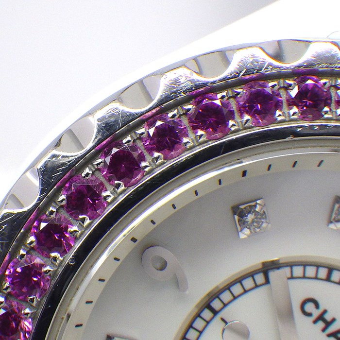 シャネル CHANEL 腕時計 J12 H3243 ピンクサファイア ベゼル 8ポイント ダイヤモンド インデックス ホワイトシェル 文字盤 ホワイト セラミック SS クオーツアナログ 【中古】