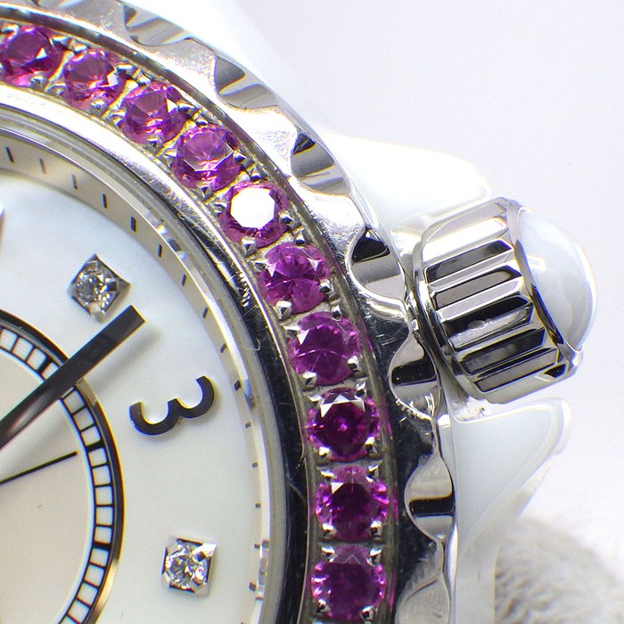シャネル CHANEL 腕時計 J12 H3243 ピンクサファイア ベゼル 8ポイント ダイヤモンド インデックス ホワイトシェル 文字盤 ホワイト セラミック SS クオーツアナログ 【中古】
