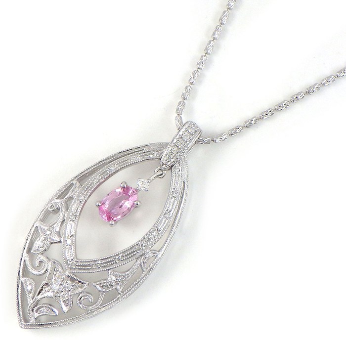 【オーバルピンクサファイア ダイヤモンド】 ネックレス 1ポイント オーバル ピンク サファイア 0.62ct ダイヤモンド 計0.20ct K18WG 【中古】