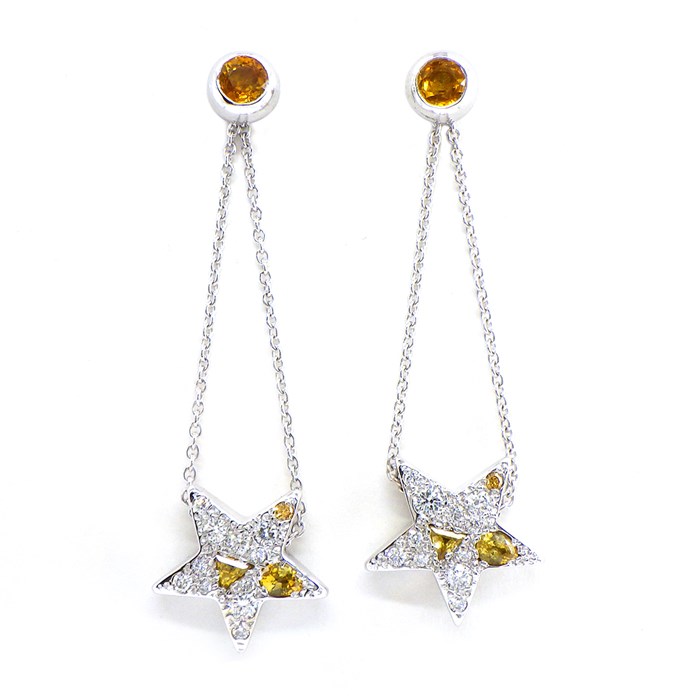 【ポメラート Pomellato】ピアス スウィング ドロップ 星モチーフ ラウンド / ペアシェイプ / トライアングル イエローサファイア ダイヤモンド K18WG 