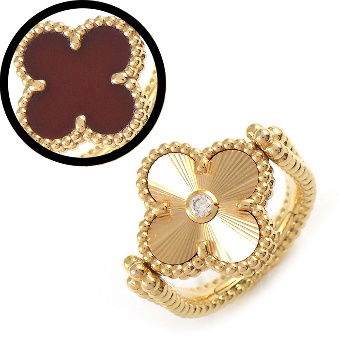 ヴァンクリーフ＆アーペル Van Cleef & Arpels リング ヴィンテージ アルハンブラ リバーシブル ギョーシェ VCARP7U500 カーネリアン 1ポイント ダイヤモンド 0.04ct K18PG 11号 / #49 【中古】