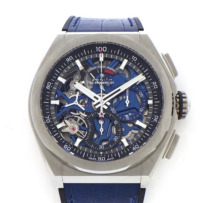 ゼニス ZENITH 腕時計 デファイ エル・プリメロ 21 95.9002.9004/78.R584 クロノグラフ スモールセコンド 裏スケ ブルー/ブラック/スケルトン文字盤 チタン ブルー アリゲーター レザー/ブラック ラバー ベルト 青 黒 自動巻き 【中古】