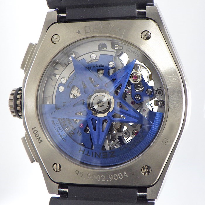 ゼニス ZENITH 腕時計 デファイ エル・プリメロ 21 95.9002.9004/78.R584 クロノグラフ スモールセコンド 裏スケ ブルー/ブラック/スケルトン文字盤 チタン ブルー アリゲーター レザー/ブラック ラバー ベルト 青 黒 自動巻き 【中古】