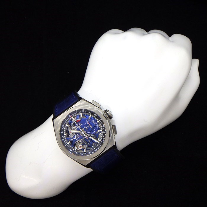 ゼニス ZENITH 腕時計 デファイ エル・プリメロ 21 95.9002.9004/78.R584 クロノグラフ スモールセコンド 裏スケ ブルー/ブラック/スケルトン文字盤 チタン ブルー アリゲーター レザー/ブラック ラバー ベルト 青 黒 自動巻き 【中古】