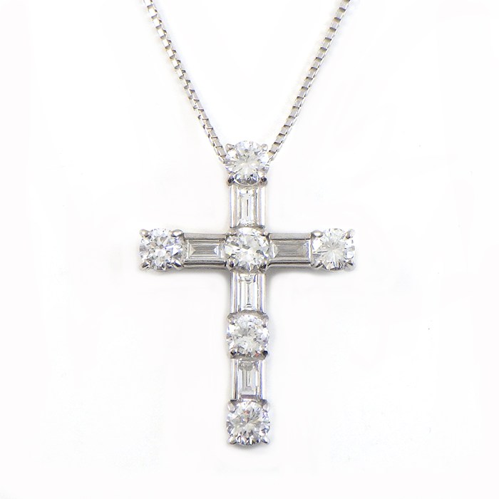 【ダイヤモンド】 ネックレス ラウンドブリリアントカット バゲットカット ダイヤモンド 計1ct K18WG 【中古】