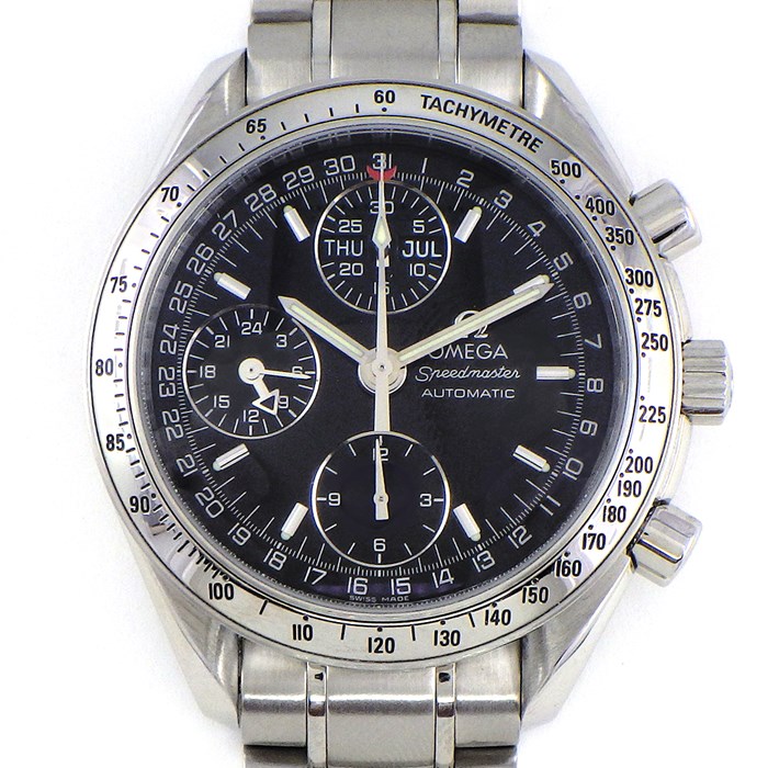 オメガ OMEGA 腕時計 スピードマスター デイデイト 3523.50 日本限定モデル トリプルカレンダー クロノグラフ タキメーター スモールセコンド GMT ブラック文字盤 SS 自動巻き 【中古】