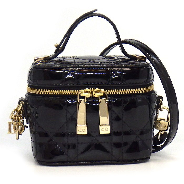 ディオール Dior ショルダーバッグ ハンドバッグ カナージュ マイクロ バニティ S0935OWCB ブラック パテントカーフスキン ゴールド金具 【中古】
