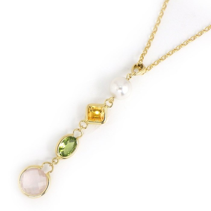 【ミキモト MIKIMOTO】ネックレス スウィング ドロップ ラウンド サークル パール 7mm珠 ローズクォーツ 1.31ct オーバルカット ペリドット 0.70ct スクエアカット トパーズ 0.50ct K18YG