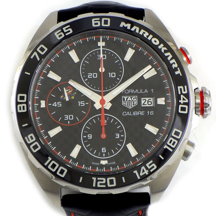 タグ・ホイヤー TAG Heuer 腕時計 フォーミュラ1 キャリバー16 マリオカート コラボ CAZ201E.FC6517 世界3000本 限定モデル ブラック文字盤 クロノグラフ 夜光インデックス スモールセコンド デイト セラミック ブラック レザーベルト SS 自動巻き 【箱・保付き】 【中古】