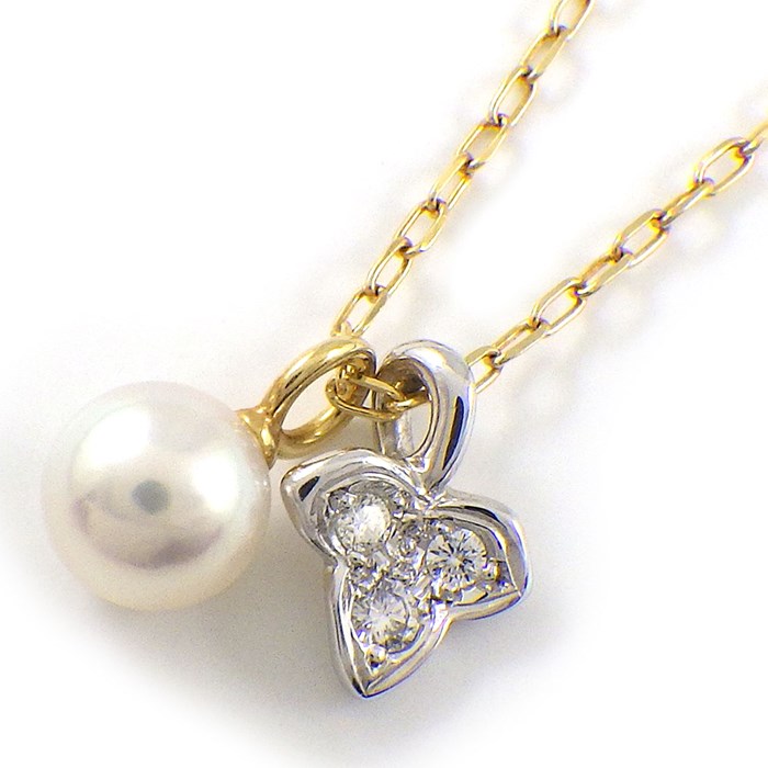 ミキモト MIKIMOTO ネックレス 2モチーフ リーフ パール 5.3mm珠 ダイヤモンド K18YG K18WG 【中古】