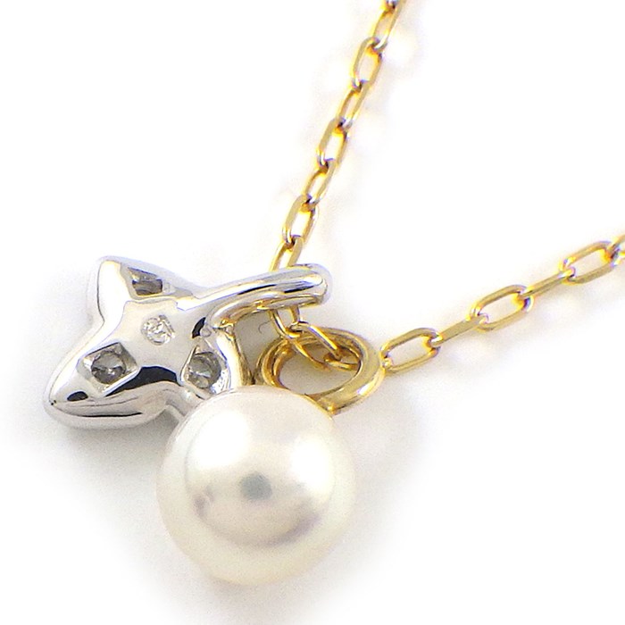 ミキモト MIKIMOTO ネックレス 2モチーフ リーフ パール 5.3mm珠 ダイヤモンド K18YG K18WG 【中古】