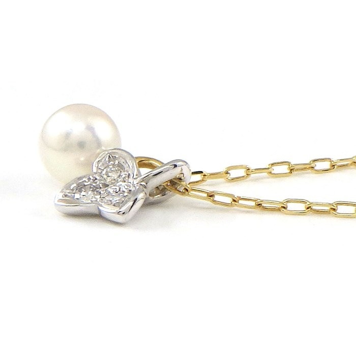 ミキモト MIKIMOTO ネックレス 2モチーフ リーフ パール 5.3mm珠 ダイヤモンド K18YG K18WG 【中古】