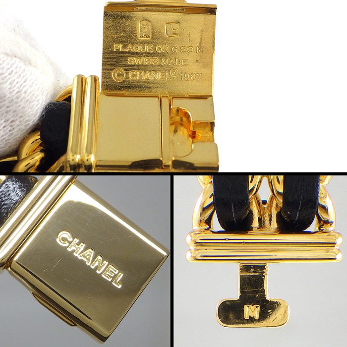シャネル CHANEL 腕時計 プルミエール M H0001 オクタゴナル ブラック文字盤 チェーンブレス GP レザー クオーツアナログ 【中古】