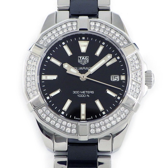 タグ・ホイヤー TAG Heuer 腕時計 アクアレーサー WAY131E.BA0913 ダイヤベゼル 計0.510ct ブラック文字盤 デイト 回転ベゼル セラミック SS クオーツアナログ 【中古】