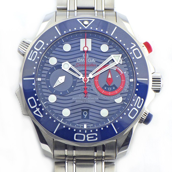 オメガ OMEGA 腕時計 シーマスター ダイバー300 アメリカズカップ エディション 210.30.44.51.03.002 デイト クロノグラフ スモールセコンド 夜光針 夜光インデックス 裏スケ クロノメーター ブルー 文字盤 SS セラミック 自動巻き 【箱・保付き】 【中古】