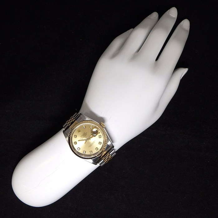 ロレックス Rolex 腕時計 デイトジャスト 16233G W番 10ポイント ダイヤインデックス フルーテッドベゼル シャンパンカラー文字盤 ジュビリーブレス SS K18YG 自動巻き 【箱・保付き】 【中古】