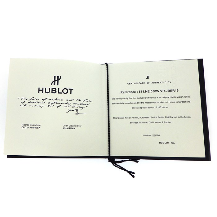 ウブロ Hublot 腕時計 クラシック フュージョン ベルルッティ スクリット フラットビアンコ 511.NE.050W.VR.JBER19 日本限定100本 ホワイト文字盤 白 裏スケ チタン SS ホワイト ラバー/革 ベルト 自動巻き 【箱・保付き】 【中古】